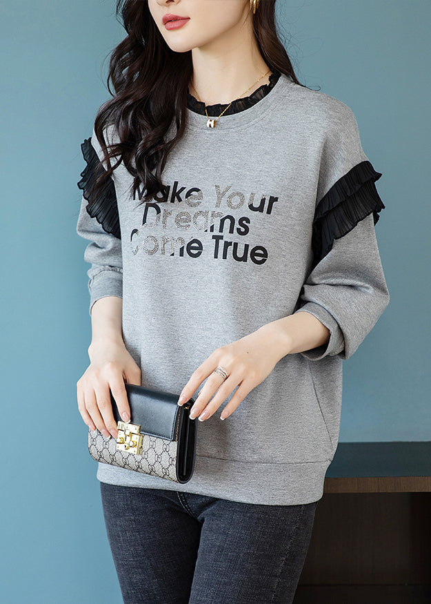 Grey O-neck Ruffled Graphic Patchwork Zircon Sweatshirts Fall