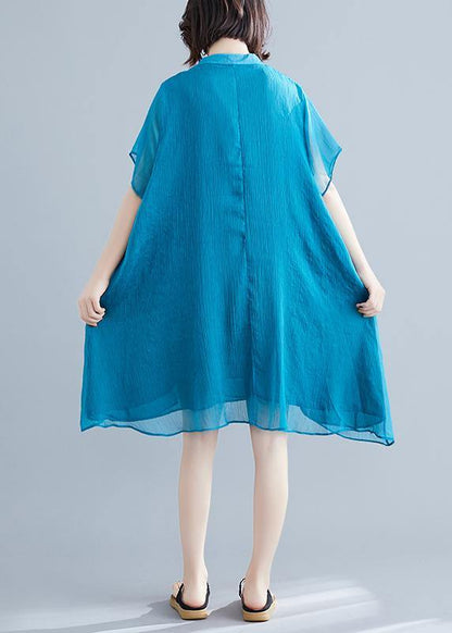 Beach Stand Collar Pockets Chiffon Stylish Fabrics Blue Love Dresses Summer