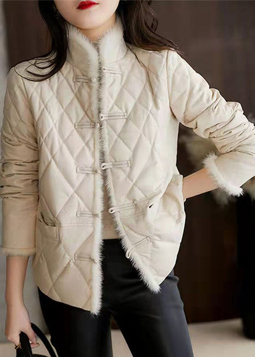 Apricot Pockets Chinese Button Patchwork Cotton Filled Jackets Winter