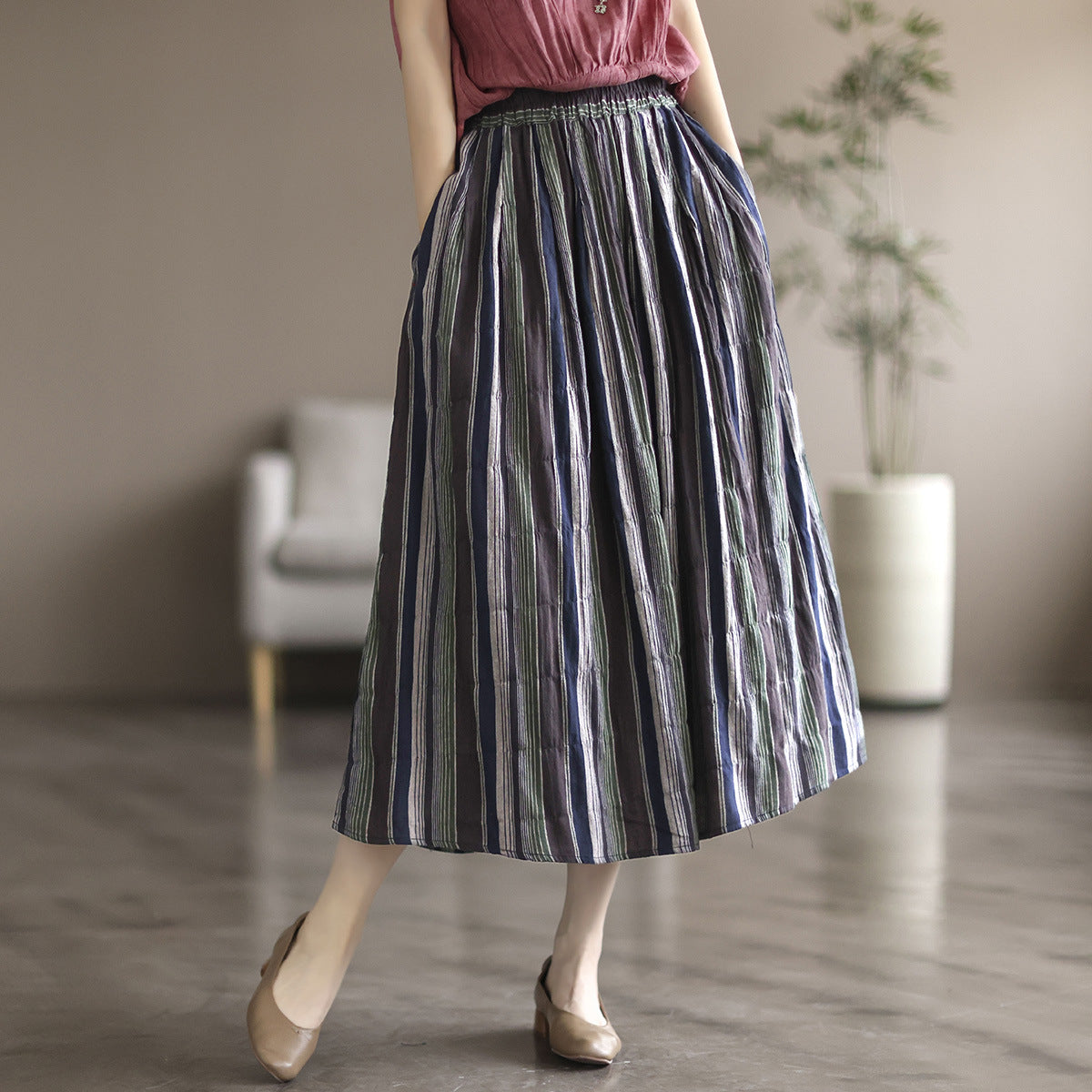 Literary Colorblock Striped A-line Skirt