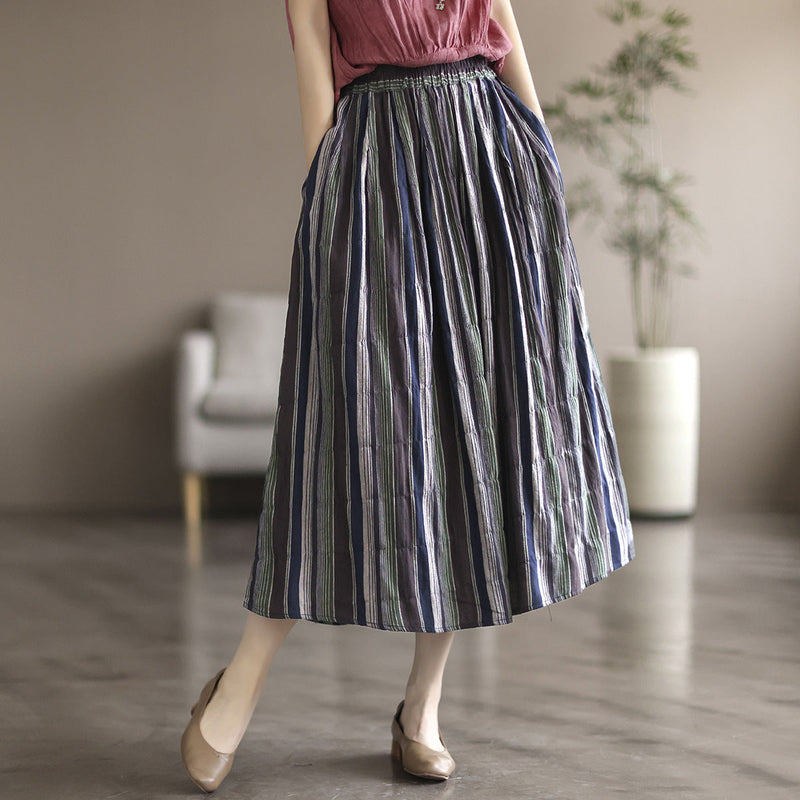 Literary Colorblock Striped A-line Skirt