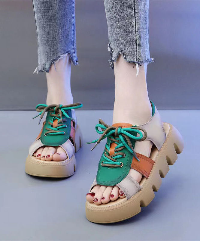 Colorblock Peep Toe Lace Up Splicing Platform Sandals