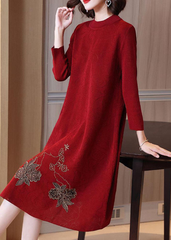 Stylish Red O-neck Embroidered Knit Sweater Dress Spring