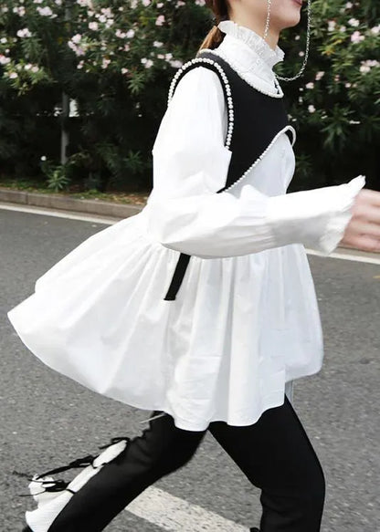 Natural White Cotton Clothes for Ruffles Stand Collar Loose Summer Blouse