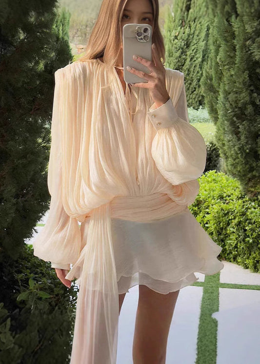 Apricot Puff Sleeve Wrinkled Chiffon Work Dress Summer