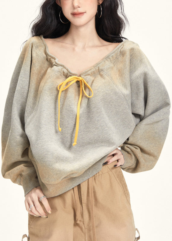 Grey Slash Neck Drawstring T Shirt Fall