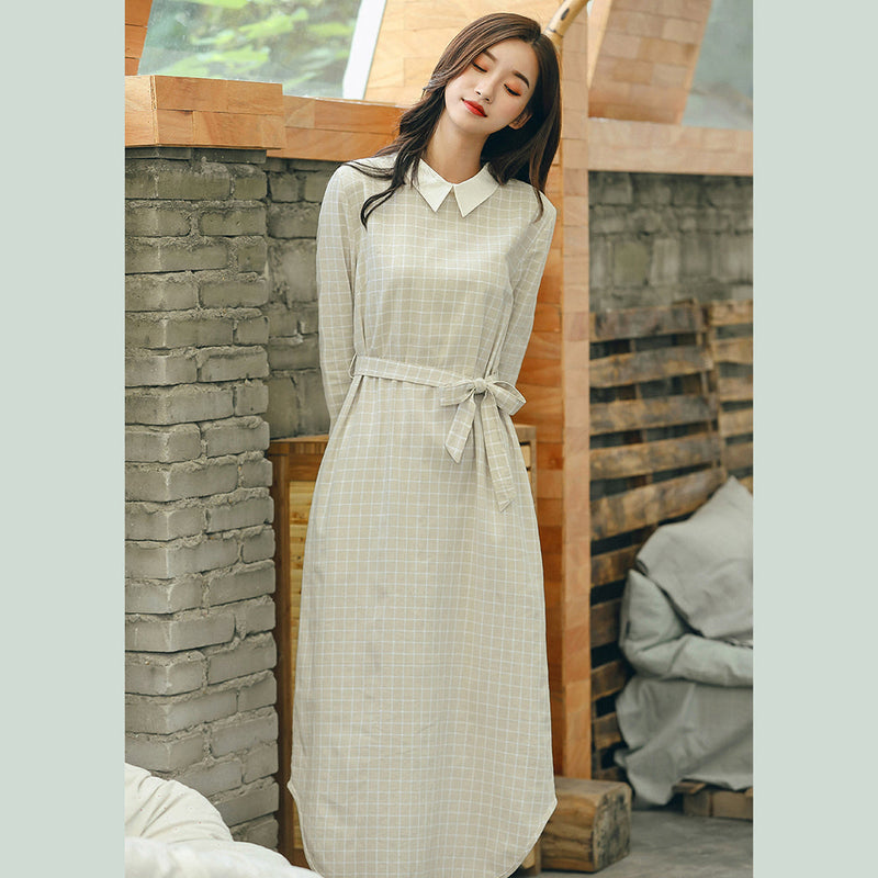 Baggy Plaid Turn-down Collar a Line Skirts Gown Tie Waist Autumn Dress