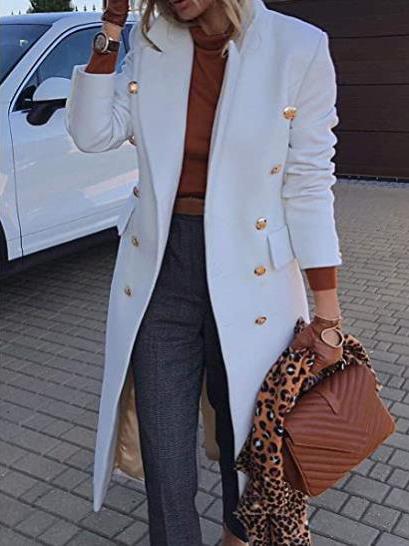 Coats Lapel Button Pocket Long Sleeve Woolen Coat