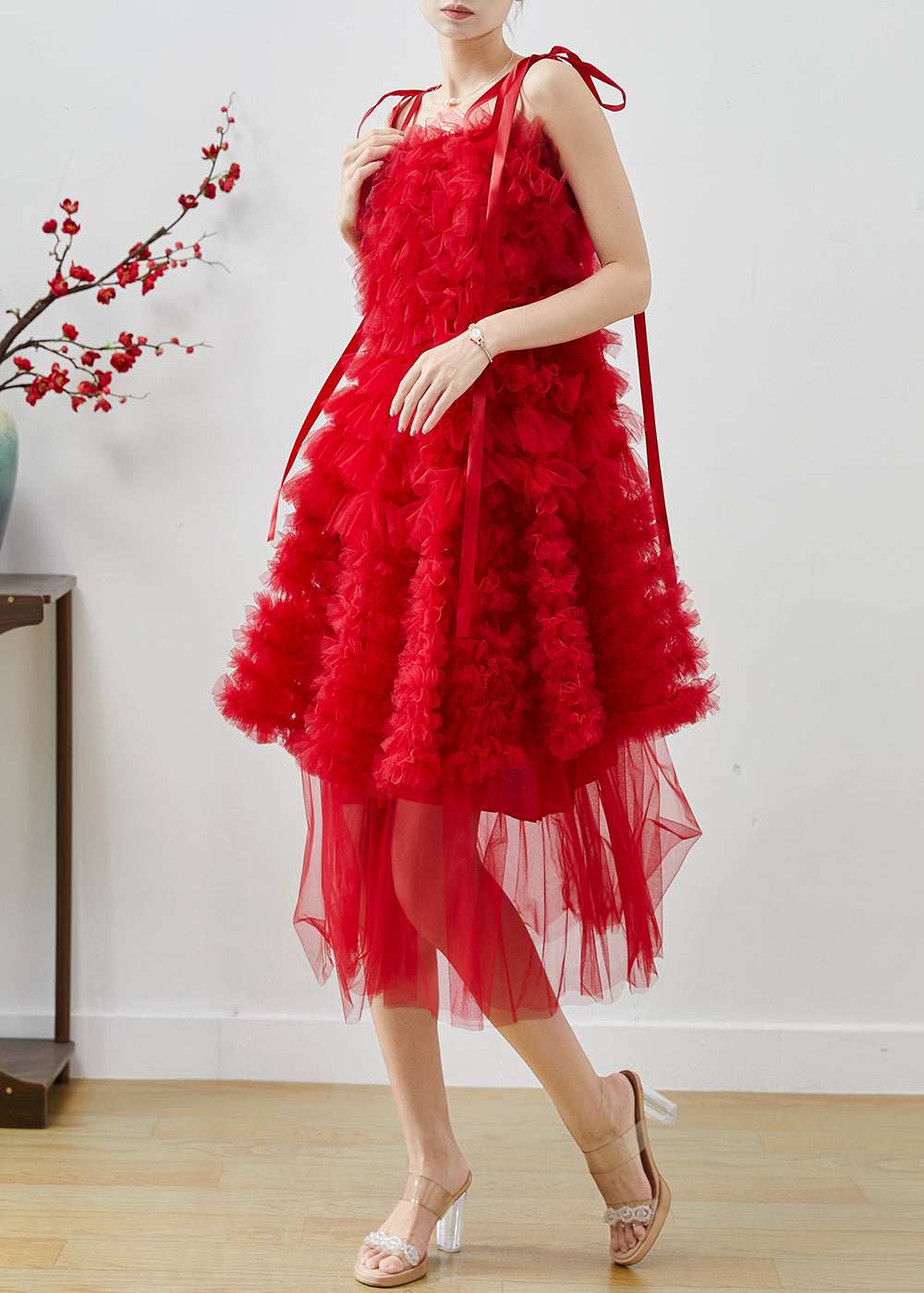 Red Ruffled Tulle Mini Dresses Summer