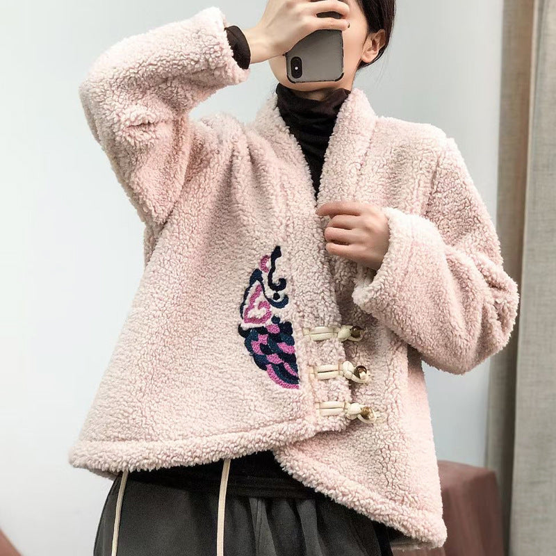 Embroidered V-neck Sherpa Wool Jacket