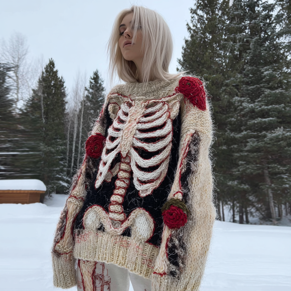 Lady's Halloween Gothic Style Skull Skeleton Pattern Knitted Sweater artswardrobe
