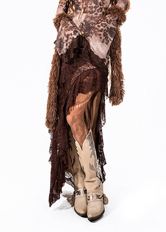 Coffee Asymmetrical Patchwork Side Open Maxi Skirts