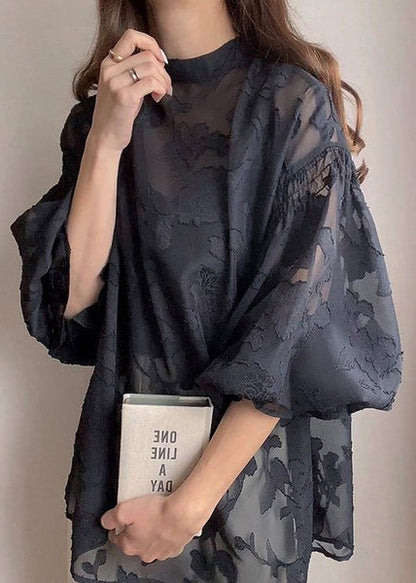 French Black Stand Collar Jacquard Chiffon Top Fall