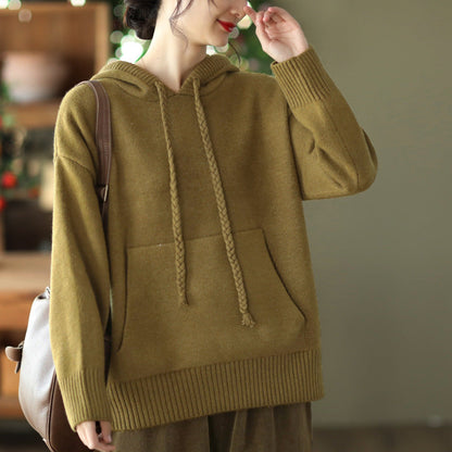Thick Twist Drawstring Hooded Knit Sweater