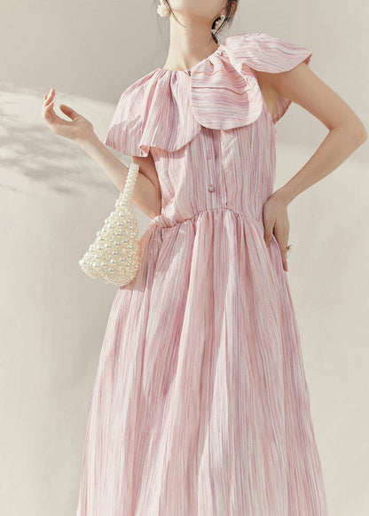 Pink Peter Pan Collar Tie Waist Maxi Dress Short Sleeve