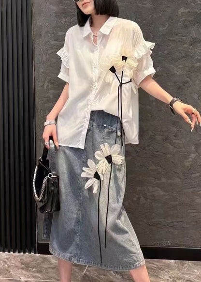 Modern White Peter Pan Collar Shirts and Denim Skirts Two Pieces Set Short Sleeve