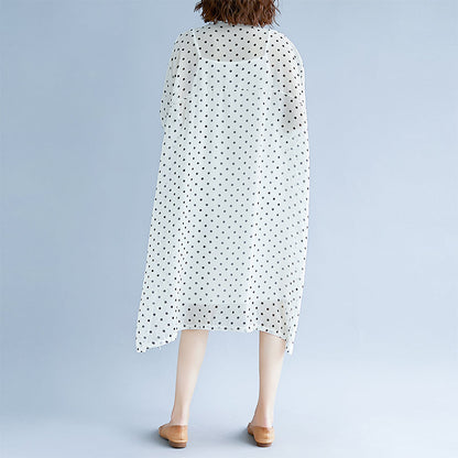 Style White Maxi Dresses Turn-down Collar Long Sleeve Prom Dress Dotted Baggy Dresses Maxi Dress