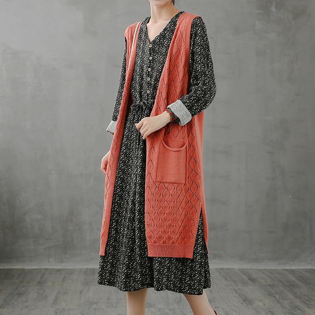 Winter Knitted Coat Orange V Neck Sleeveless Long Coats
