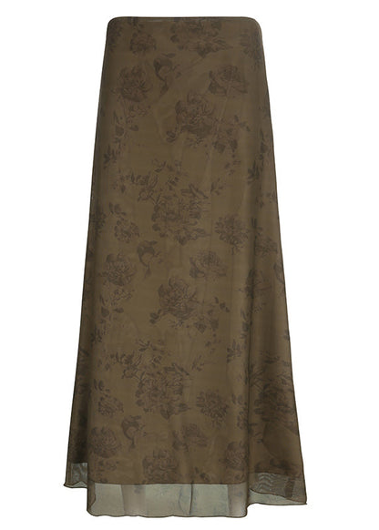 Brown Print High Waist Patchwork Tulle Maxi Skirts Fall