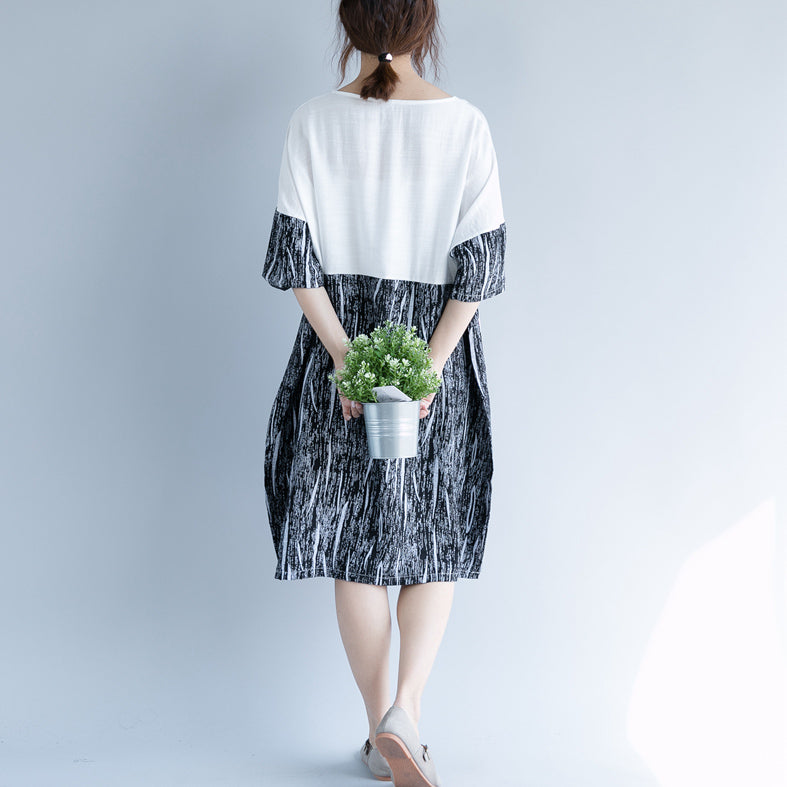 Baggy White Cotton Shift Dress Oversize Dress Patchwork O Neck Short Sleeve Cotton Dress