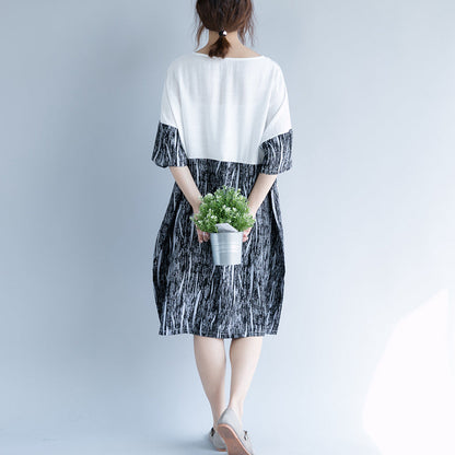Baggy White Cotton Shift Dress Oversize Dress Patchwork O Neck Short Sleeve Cotton Dress
