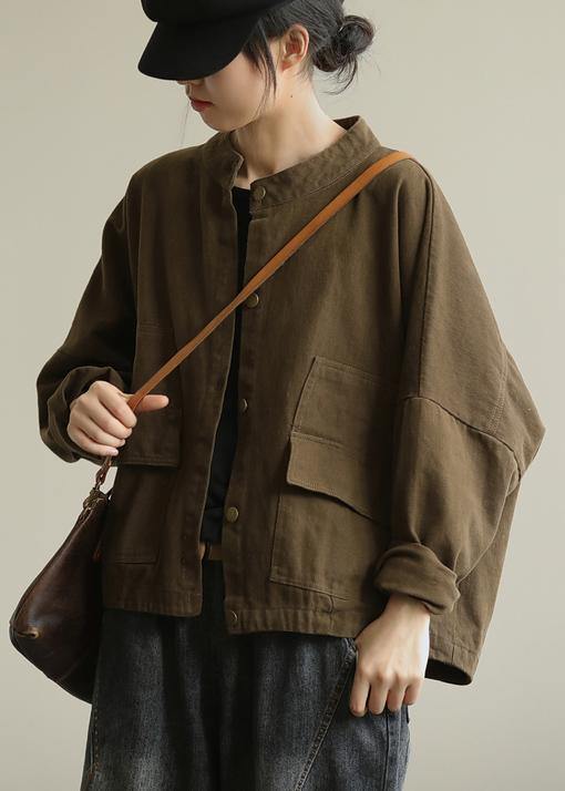 Chocolate Fine Coat for Woman Stand Collar Button Down Coat