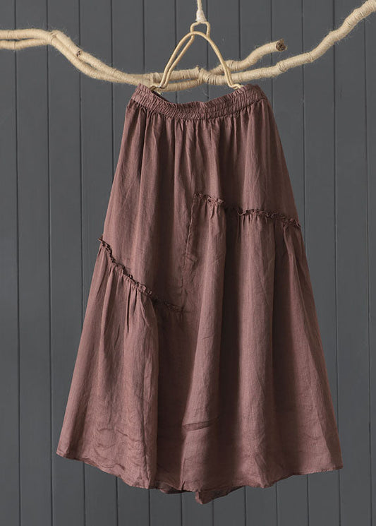 Coffee Wrinkled Elastic Waist Patchwork Linen Skirt Summer