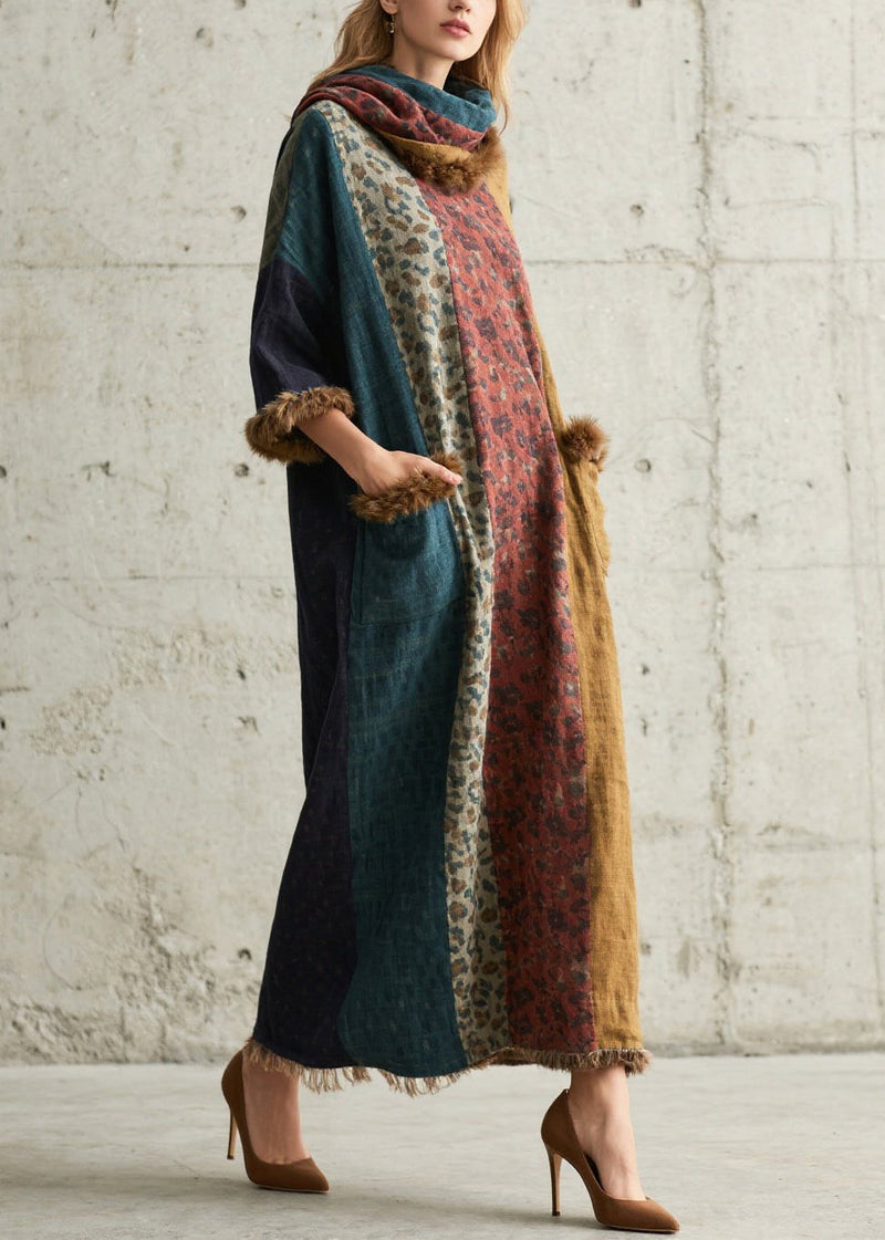 Leopard Print Patchwork Faux Fur Long Dresses Fall