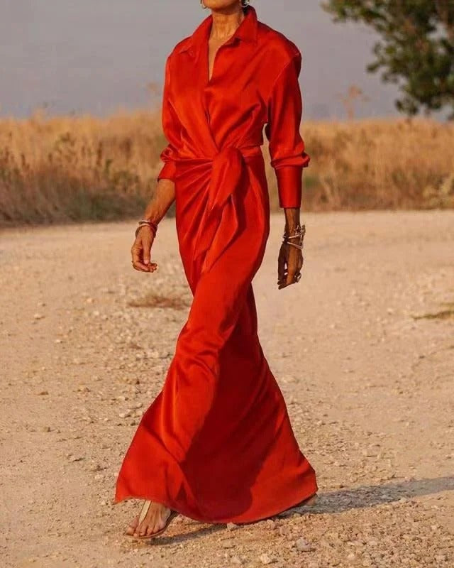 Red Peter Pan Collar Tie Waist Silk Long Dress Spring