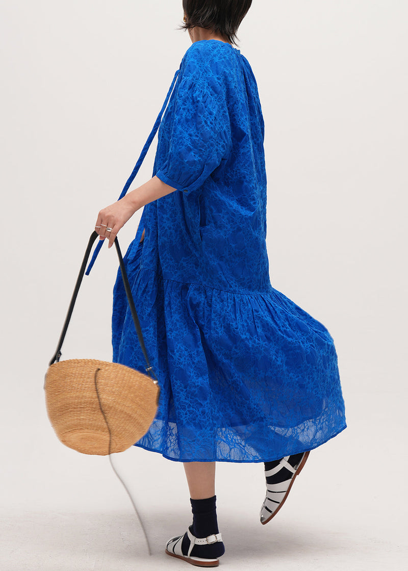 Blue Print Pockets Lace Up Cotton Long Dresses Half Sleeve