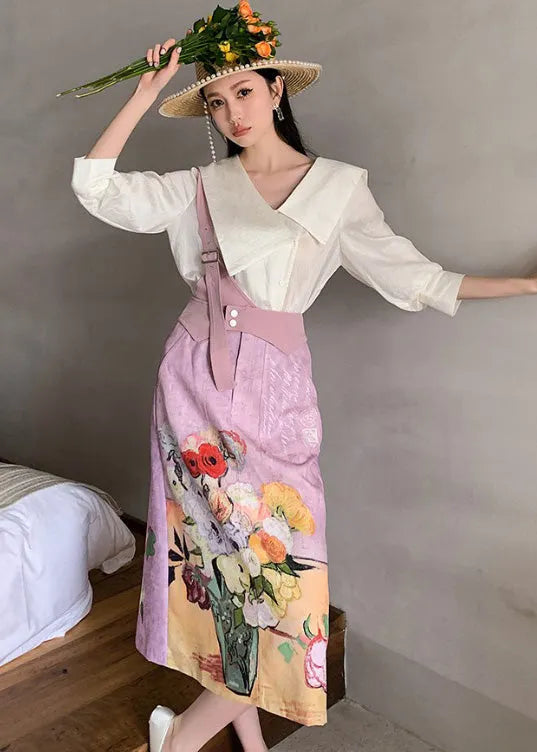 Original Design Sailor Collar Asymmetrical Design Print Silk Tops and Skirts Two-piece Set Summer
