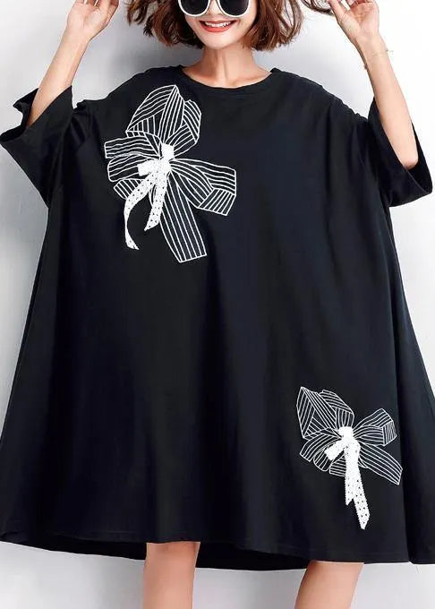 Black Embroidery Cotton Big Hem Shift Summer Dresses