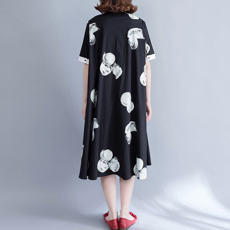 Boutique Black Prints Pure Chiffon Dress Oversize Chiffon Clothing Dresses Fine Big Hem Lapel Collar Chiffon Shirt Dress