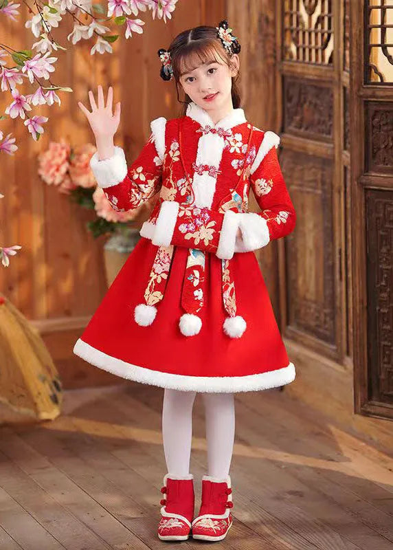 Red Print Coats and Skirts Two Pieces Set Long Sleeve