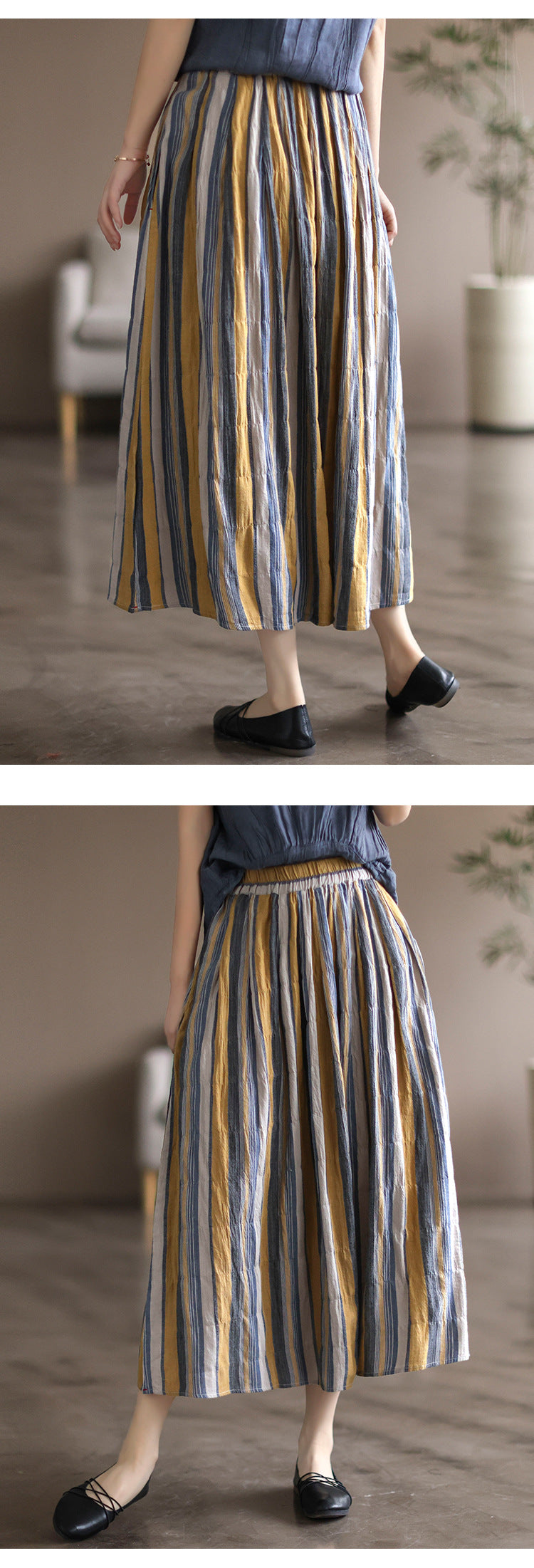 Literary Colorblock Striped A-line Skirt