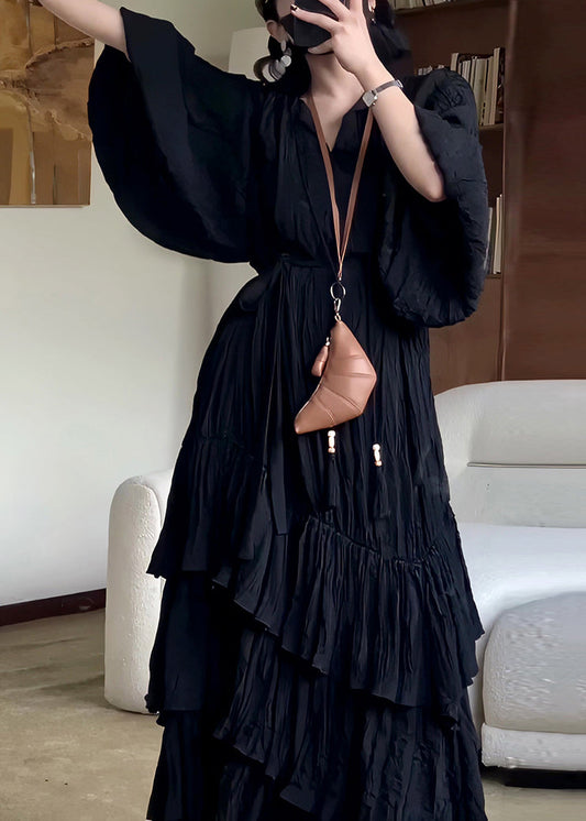 French Black V Neck Wrinkled Cotton Long Dress Fall