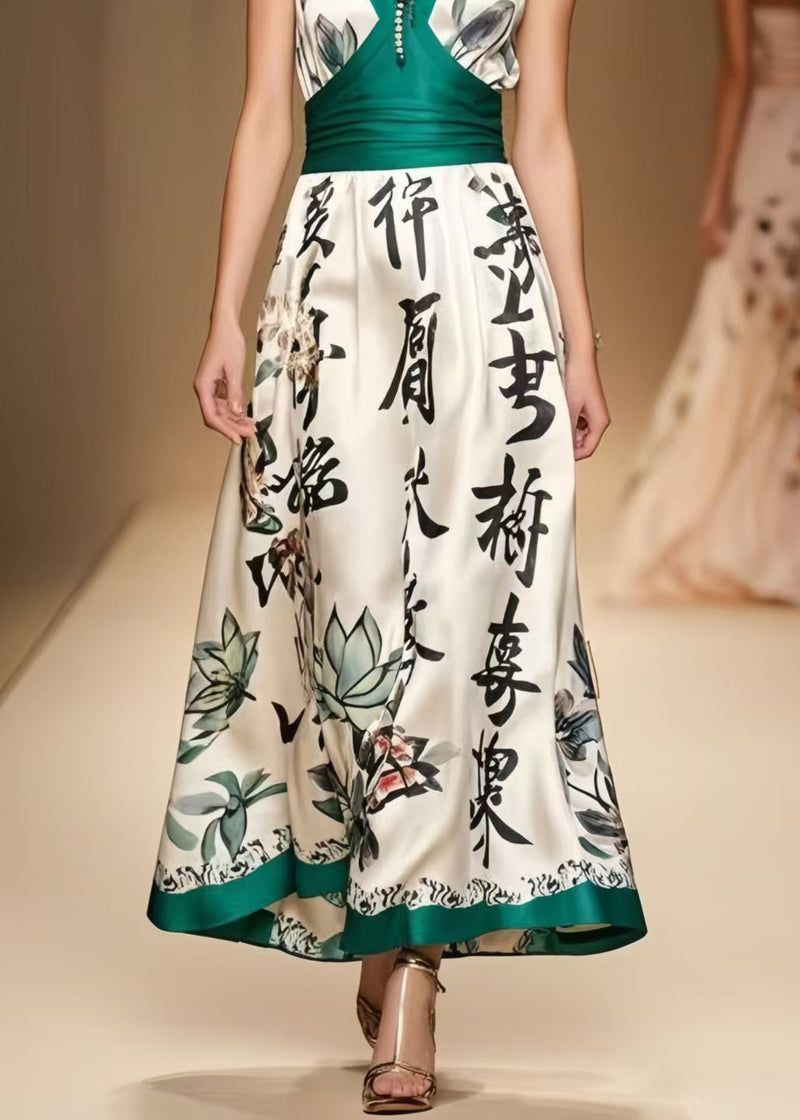 Modern White Print Patchwork Silk Ankle Dress Sleeveless