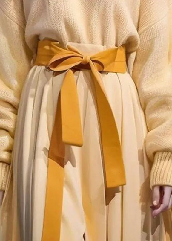 Yellow O-neck Bow Cotton Knit Sweater and Maxi Skirts Two Pieces Set Long Sleeve