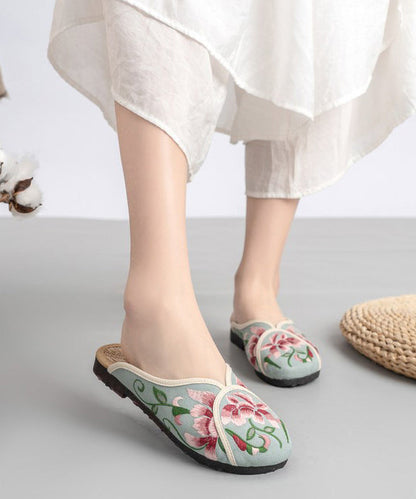 Green Linen Fabric Embroideried Comfy Slide Sandals