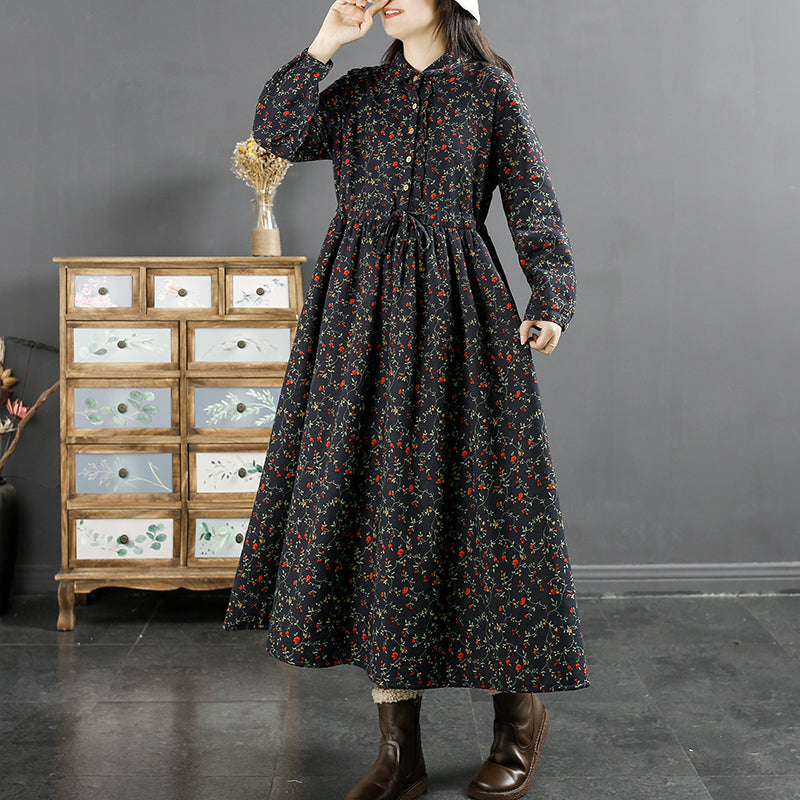 Winter Retro Furred Cotton Linen Dress