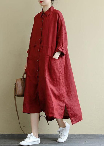 Red Linen Shirt Dress Oversize Spring Maxi Dresses