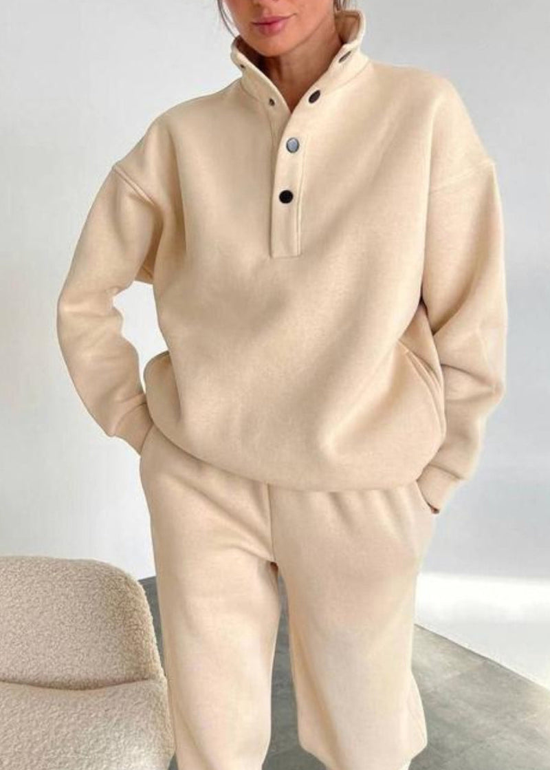 Apricot Stand Collar Button Tops and Pants Two Pieces Set Fall