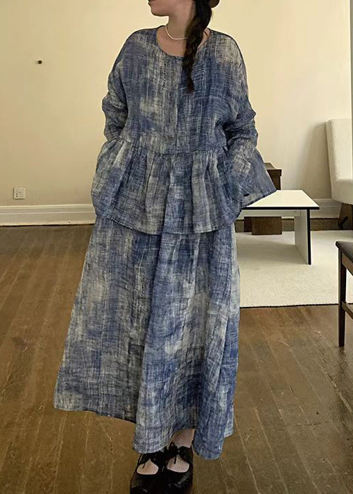 Blue O Neck Top and Spaghetti Strap Dress Cotton Two-piece Set Spring