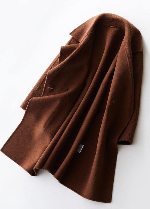 Beige Woolen Coat Medium Length Jackets Big Pockets Woolen Outwear Lapel Collar