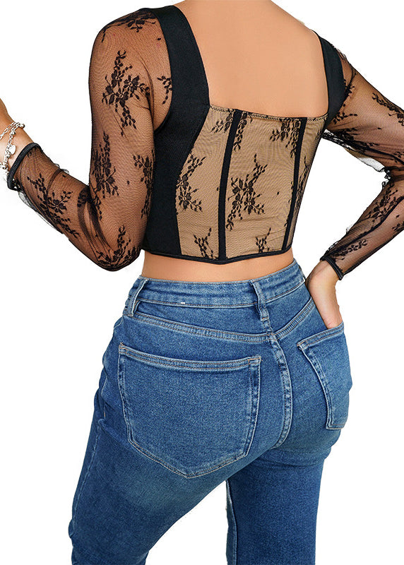 Lace Patchwork Hollow Out Tight Fitting Design Black Top
