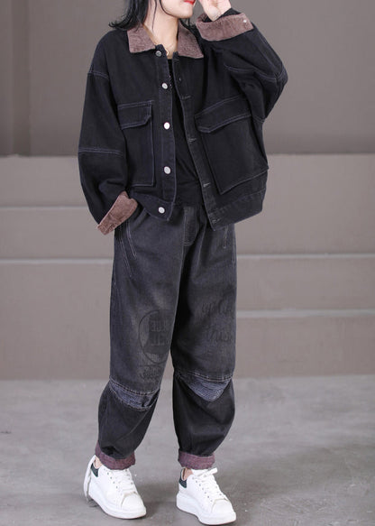 Black Peter Pan Collar Corduroy Patchwork Button Denim Coats Fall
