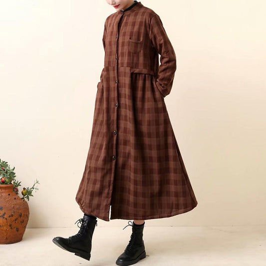 Thick Retro Cotton Linen Plaid Long Coat Dress
