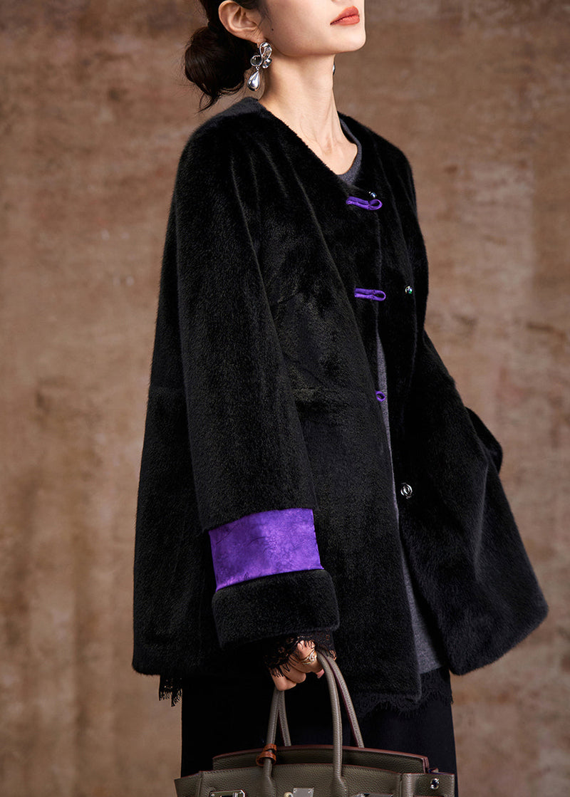 Black Pockets Print Leather and Fur Coat Winter
