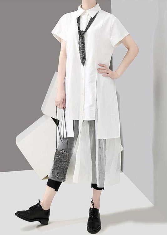 Style Cotton Long Shirts Century Summer Irregular Patchwork Mesh Short Sleeve Dress