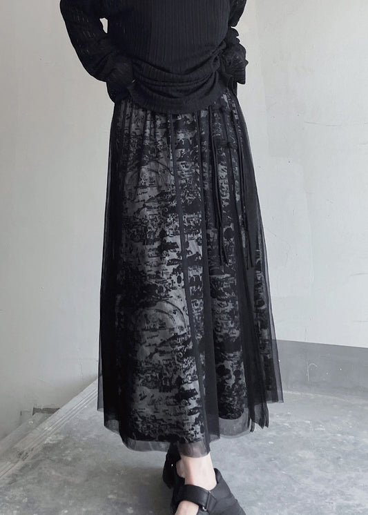 Black Print Elastic Waist Patchwork Tulle Skirt Summer